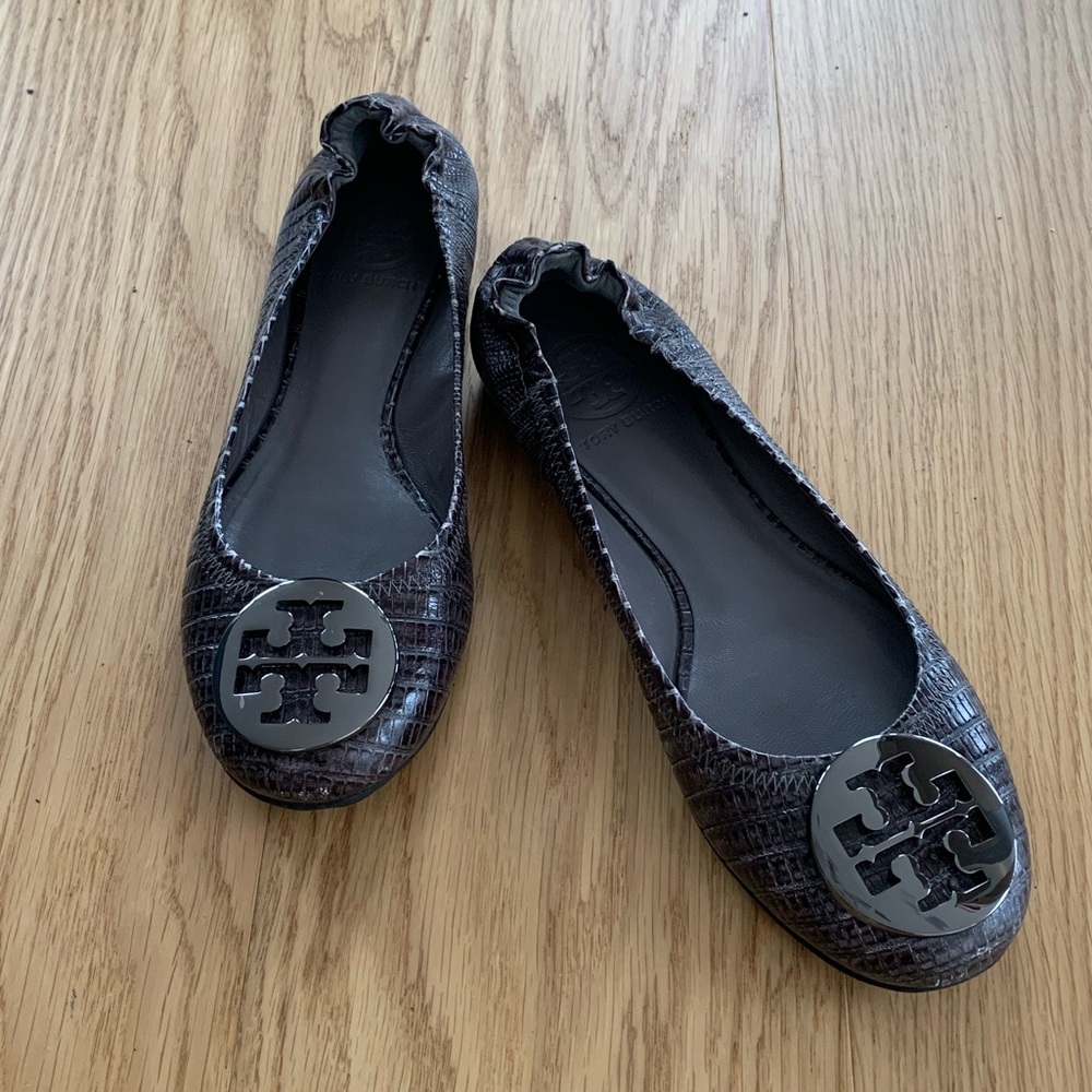 Tory Burch Grey Lizard Print Flats